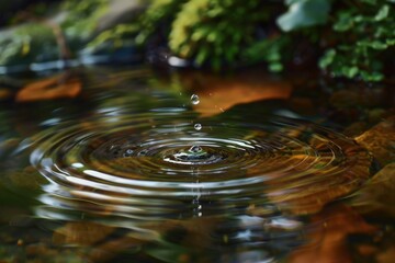 Aufkleber - Rippling water creates mesmerizing patterns as a droplet falls into a tranquil pool, capturing the beauty of nature in motion at dusk