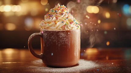 Poster - Steaming mug of hot chocolate with whipped cream and sprinkles on a festive background