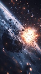 Wall Mural - asteroid exploding near planet with atmosphere in deep space