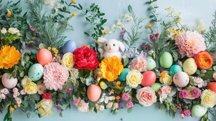 Wall Mural - Pastel-colored Easter eggs nestled amongst a vibrant arrangement of spring flowers and a sweet bunny. A cheerful springtime scene!