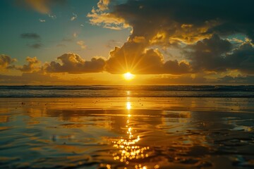 Aufkleber - Sunset over a tranquil ocean with golden reflections and dramatic clouds creating a serene atmosphere near the shore