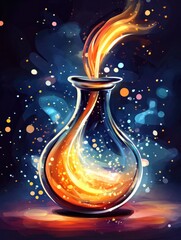 Wall Mural - illustration of a glowing, magical potion swirling in a glass flask with fiery golden effects and sp
