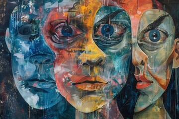 Poster - Surreal artwork featuring multiple intertwined faces with intricate details and vibrant colors in an abstract composition