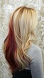 © Valentyna Prudnikova - Stunning two-tone hair coloring technique showcasing a dramatic contrast between vibrant red and platinum blonde, styled in long layers against ornate wallpaper background.