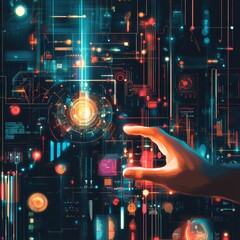 Aufkleber - Exploring the Future of Technology Through a Hand Reaching out to a Vibrant, Glowing Digital Interface in a High-Tech World
