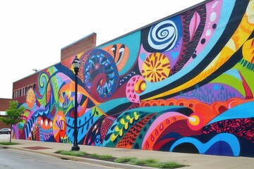 Aufkleber - Colorful mural on urban wall with pedestrians walking along lively city street in bright daylight