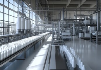 Poster - Modern Dairy Processing Facility with Bottled Products and Advanced Machinery for Efficient Production in Brightly Lit Industrial Environment