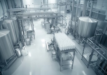 Poster - Modern Dairy Processing Plant Featuring Stainless Steel Equipment and Bottled Products in a Clean and Organized Industrial Environment