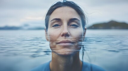 Wall Mural - double exposure of a woman with her face reflecting a calm lake, symbolizing peace of mind and emotional balance, contrasted against subtle hints of chaotic, turbulent water surrounding her 