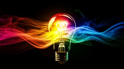 Poster - Colorful Light Bulb Illuminating With Rainbow Hues and Swirling Waves Creating a Mesmerizing Visual Experience in a Dark Environment