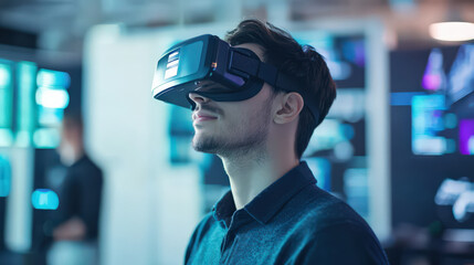 man exploring virtual reality immersed futuristic headset technology innovation experience digital i