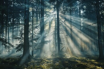 Poster - Morning sunlight filters through dense trees in a peaceful forest, illuminating ferns and creating a tranquil atmosphere