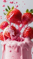 Wall Mural - Strawberries dipped in pink cream splashing into glass