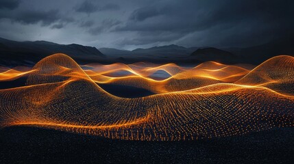 Poster - Weaving ethereal light ribbons across a dark night landscape in digital art
