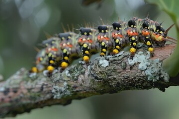 Poster - Unique caterpillar crawling on a branch in a lush green forest during the daytime showcasing detailed textures and vibrant colors