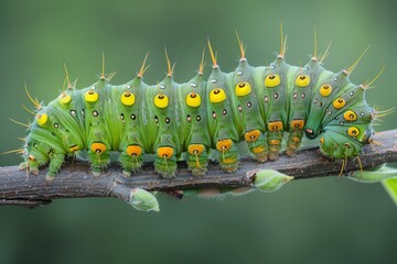 Poster - Unique caterpillar crawling on a branch in a lush green forest during the daytime showcasing detailed textures and vibrant colors