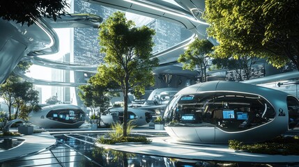 Poster - Futuristic Office Setting with Advanced Automated Systems and Lush Greenery in a Modern Urban Landscape