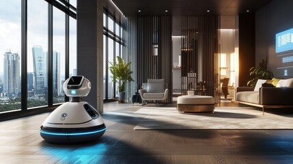 Poster - Futuristic Office Environment Featuring Robotic Assistant in Modern Workspace with City View