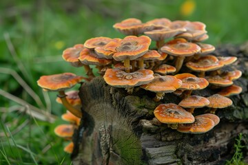 Poster - Vibrant cluster of mushrooms growing on a moss-covered log in a serene forest setting during daylight hours