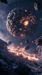 Wall Mural - burning planet exploding with asteroids in deep space