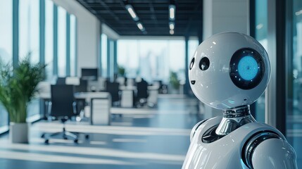 Poster - Modern Office Space Featuring Advanced Automated Systems and Robotic Assistance for Productive Work Environments