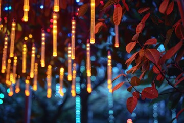 Fototapete - Colorful lights hanging from branches illuminate an outdoor setting during twilight in a festive atmosphere, creating a magical ambiance that enchants onlookers
