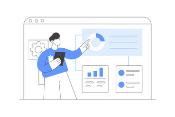Poster - Business Project. Project Presentation, Teamwork, Data Analysis with Man Character Pointing on Financial Graph on Board. Flat Cartoon Vector Illustration, icon. Stylish abstract Blue 