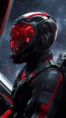 Wall Mural - astronaut wearing futuristic helmet exploring space station with red lights