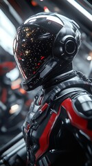 Wall Mural - futuristic astronaut wearing helmet with galaxy reflection in visor