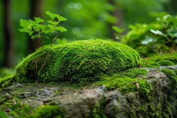 Poster - Green moss covering a rocky surface in a lush forest during daylight, showcasing nature's vibrant textures and details