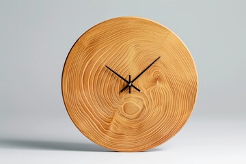 Poster - Unique round wall clock on wooden table with modern interior design and natural light in a contemporary living space