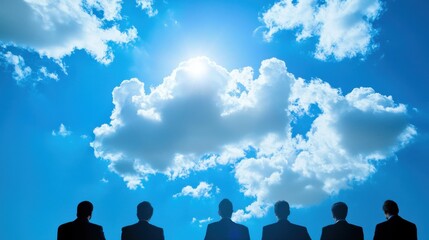 Poster - Team of IT Professionals Discussing Virtualization Solutions Under a Bright Blue Sky with Clouds