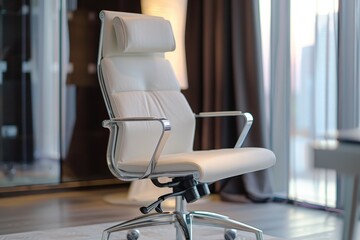 Poster - Comfortable leather office chair in a modern workspace surrounded by lush indoor plants during daylight