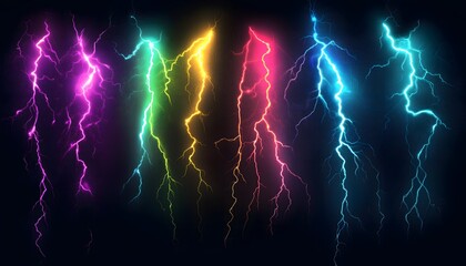 An abstract illustration of lightning strikes in various colors on a black background