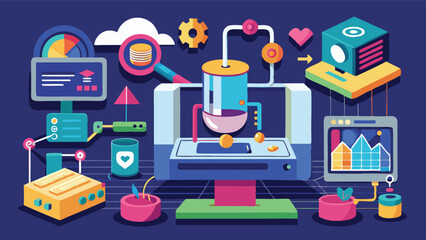 Leinwandbilder - Vector illustration showcasing a 3D printer in a creative workspace with colorful tools and materials highlighting the art of modern design and technology