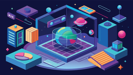 Fototapete - 3D vector illustration depicting an abstract technology environment with geometric shapes and digital elements in a futuristic design style