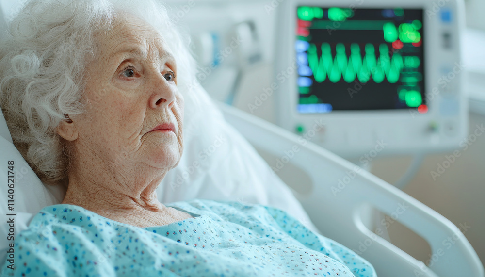 Moni Sign Photo Stock Elderly woman in hospital bed with moni r displaying vital ...