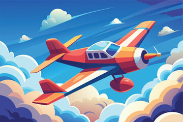 Poster - Colorful vector illustration of a plane flying through vibrant clouds in a bright blue sky during daytime