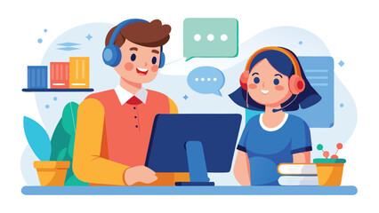 Fototapete - Conversation between two professionals in a modern office, showcasing teamwork and communication with digital tools