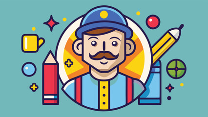 Poster - Vector illustration of a cheerful man with a beard wearing a red cap and colorful shirt against a blue background with various shapes and fruits