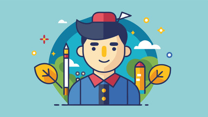 Poster - Vector illustration of a cheerful man with a beard wearing a red cap and colorful shirt against a blue background with various shapes and fruits