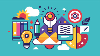Fototapete - Creative brainstorming in a colorful vector illustration featuring a light bulb, pencil, chart, and various design elements