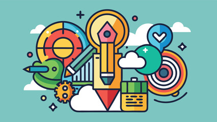 Aufkleber - Creative brainstorming in a colorful vector illustration featuring a light bulb, pencil, chart, and various design elements