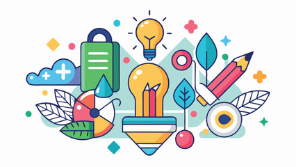 Fototapete - Creative brainstorming in a colorful vector illustration featuring a light bulb, pencil, chart, and various design elements