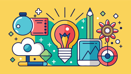 Fototapete - Creative brainstorming in a colorful vector illustration featuring a light bulb, pencil, chart, and various design elements