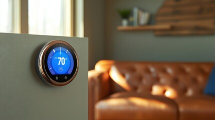 Poster - thermostat on a wall in a living room, allowing precise control of the homes temperature through a smart interface