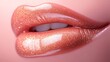 © ThuyTrang - A soft focus close-up of lips with a warm rose tone, glossy and slightly parted, fine details of natural texture illuminated by diffused warm light, set against a blurred pastel pink backdrop,