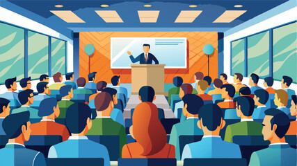 Poster - Professional speaker presenting to an engaged audience in a modern conference room during a business seminar