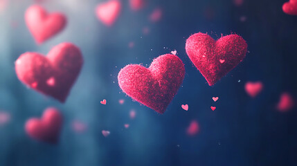 Poster - Romantic Red Hearts Floating in a Bokeh Background. A beautiful image of red glitter hearts floating against a soft, out-of-focus, blue bokeh background.