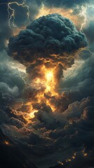 Wall Mural - lightning is striking inside a huge volcanic eruption creating an apocalyptic scene